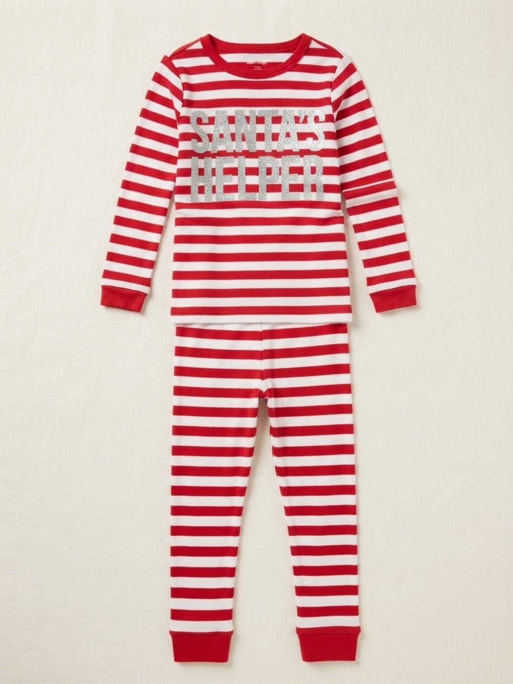 Red & White Striped Kids Pajama Set with 'Santa's Helper' Glitter Print